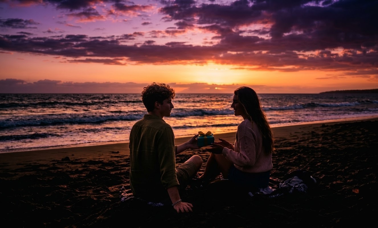 夕暮れのビーチでギフトを渡すふたり